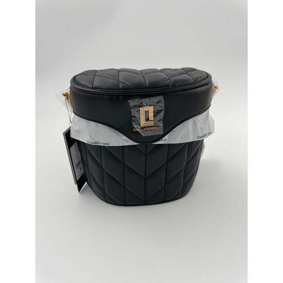 Karl Lagerfeld Paris Black Quilted Bucket Crossbody Bag with Gold Hardware - Picture 1 of 6